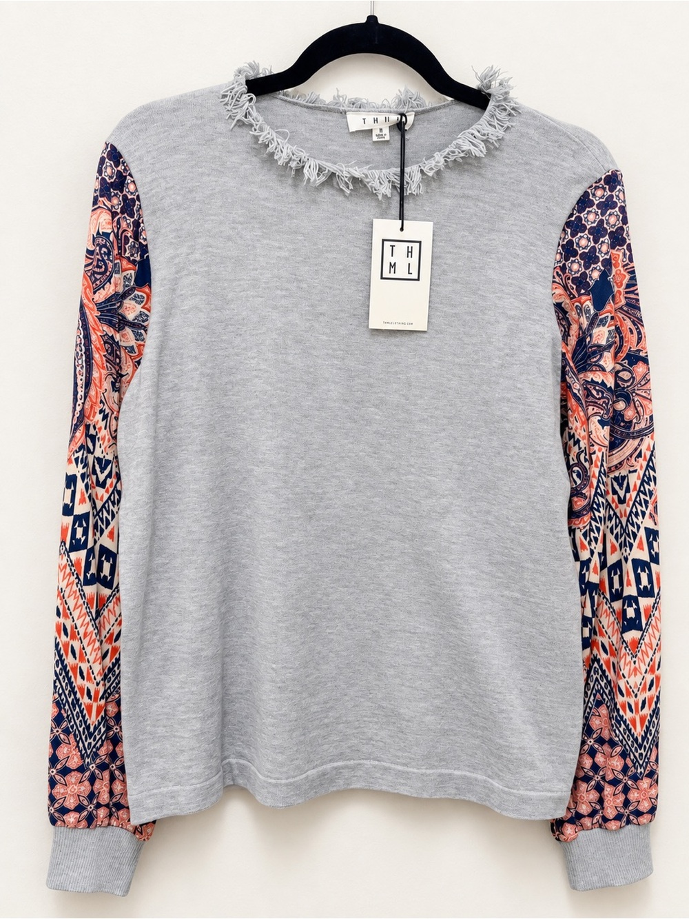 THML Gray Sweater with Navy & Coral Patterned Sleeves